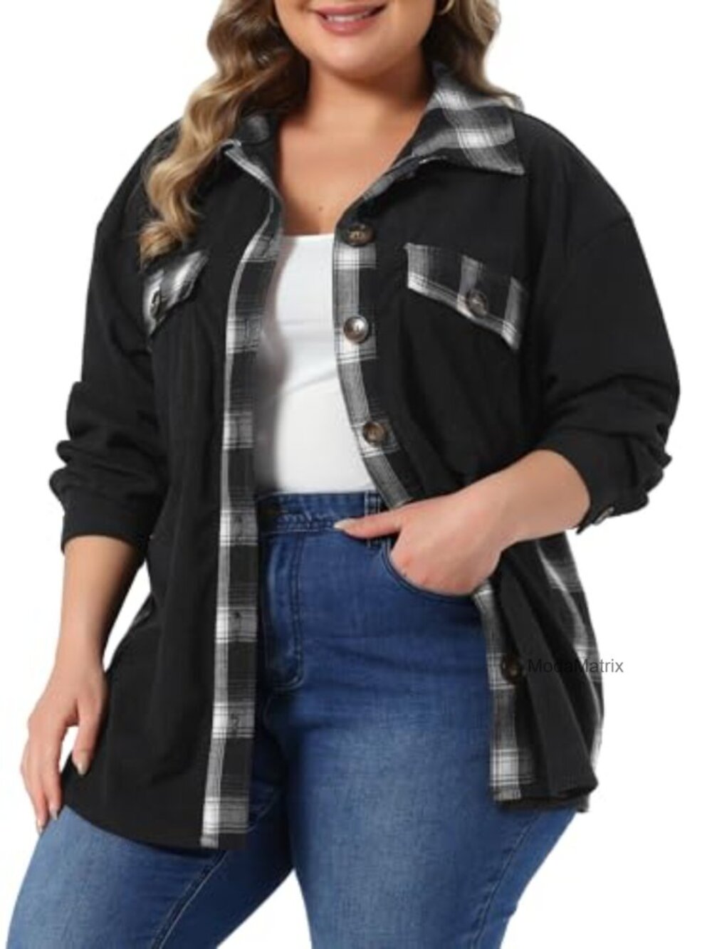 Plus Size Corduroy Plaid Shacket Button Up Jacket